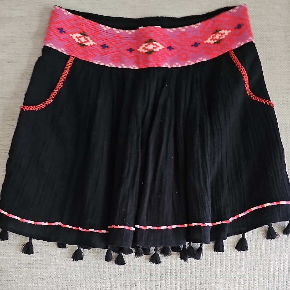 Joie Black and Pink Mini Skirt with Smocked Embellishments